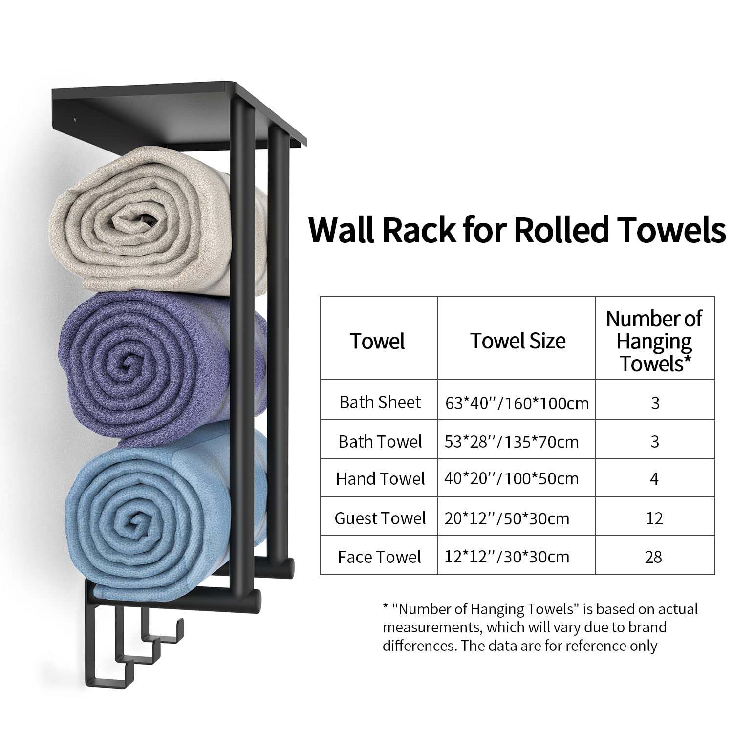 Bethom Towel Rack With Metal Shelf And 3 Hooks For Small Bathroom, Towel Storage Wall Can Holds Up To 3 Large Size(63X40 Inch) O